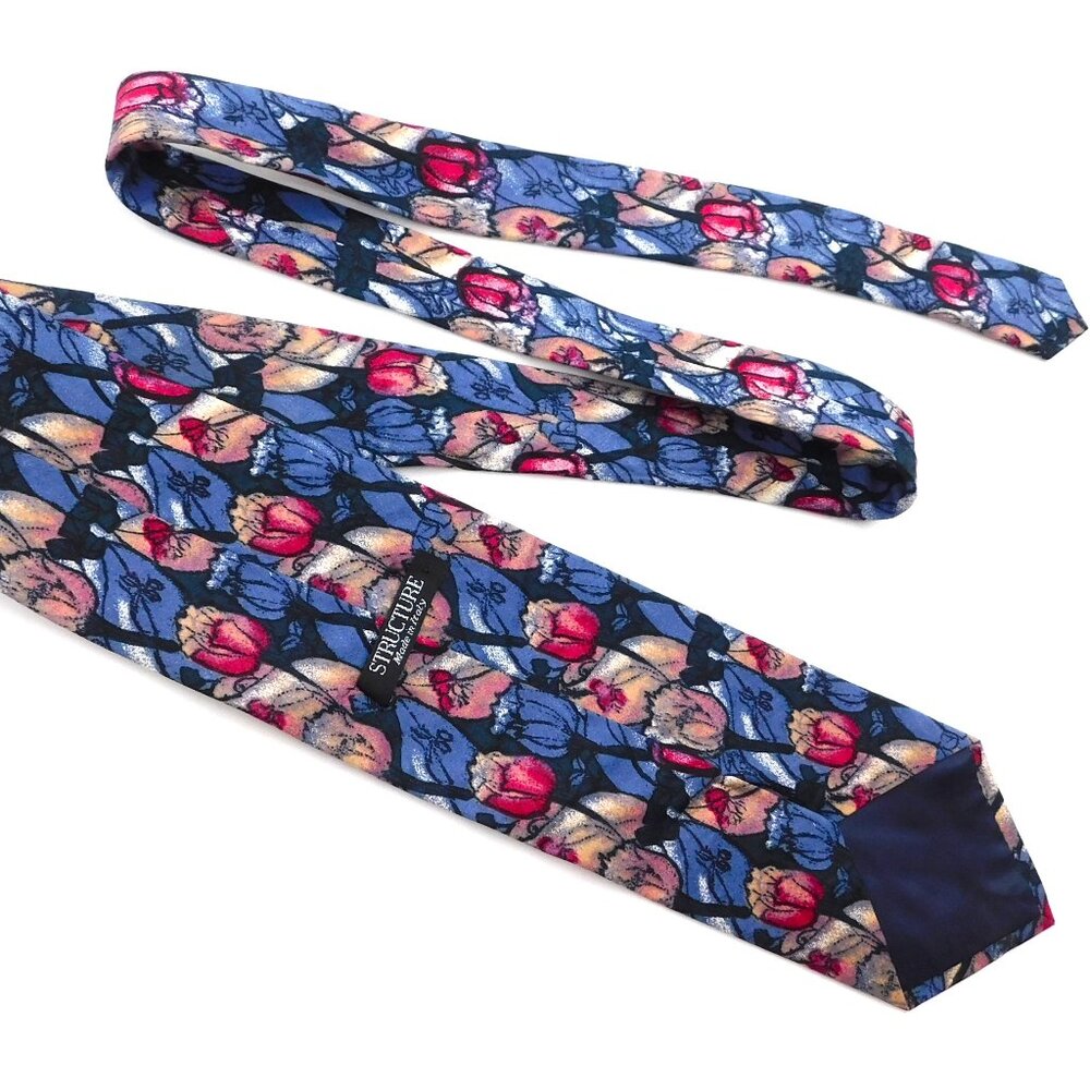 Vintage Mens Structure Italian Blue Pink & White Floral 100% Cotton Tie Italy